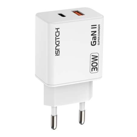 ALIMENTATORE USB TYPE-C + USB QC 3A 30W BIANCO GAN